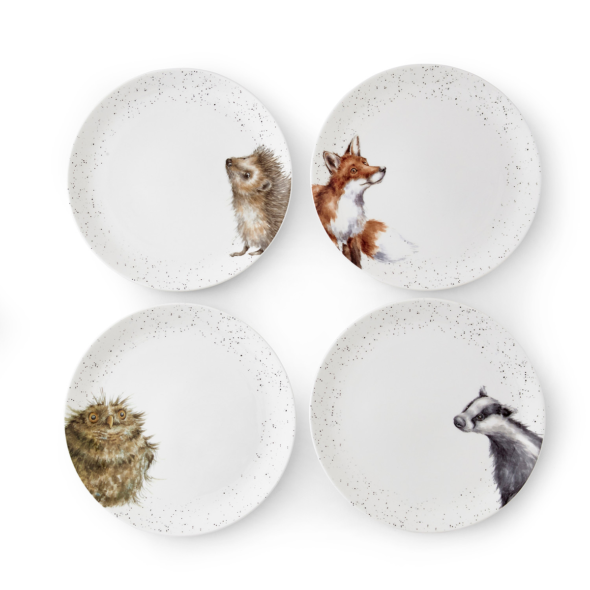 Wrendale Designs Coupe Plates S/4 Assorted. Badger, Hedgehog, Fox, Owl image number null